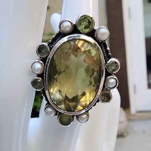 Peridot, pearl, 925 Sterling Silver Ring Size 7.5